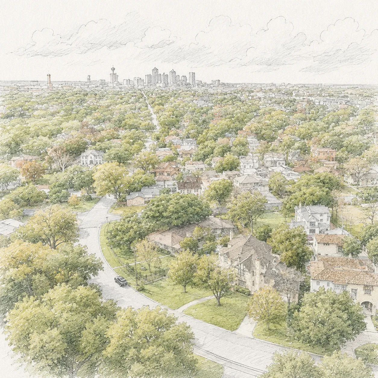 Sample Alamo Heights watercolor — preview artwork, not a depiction of this neighborhood